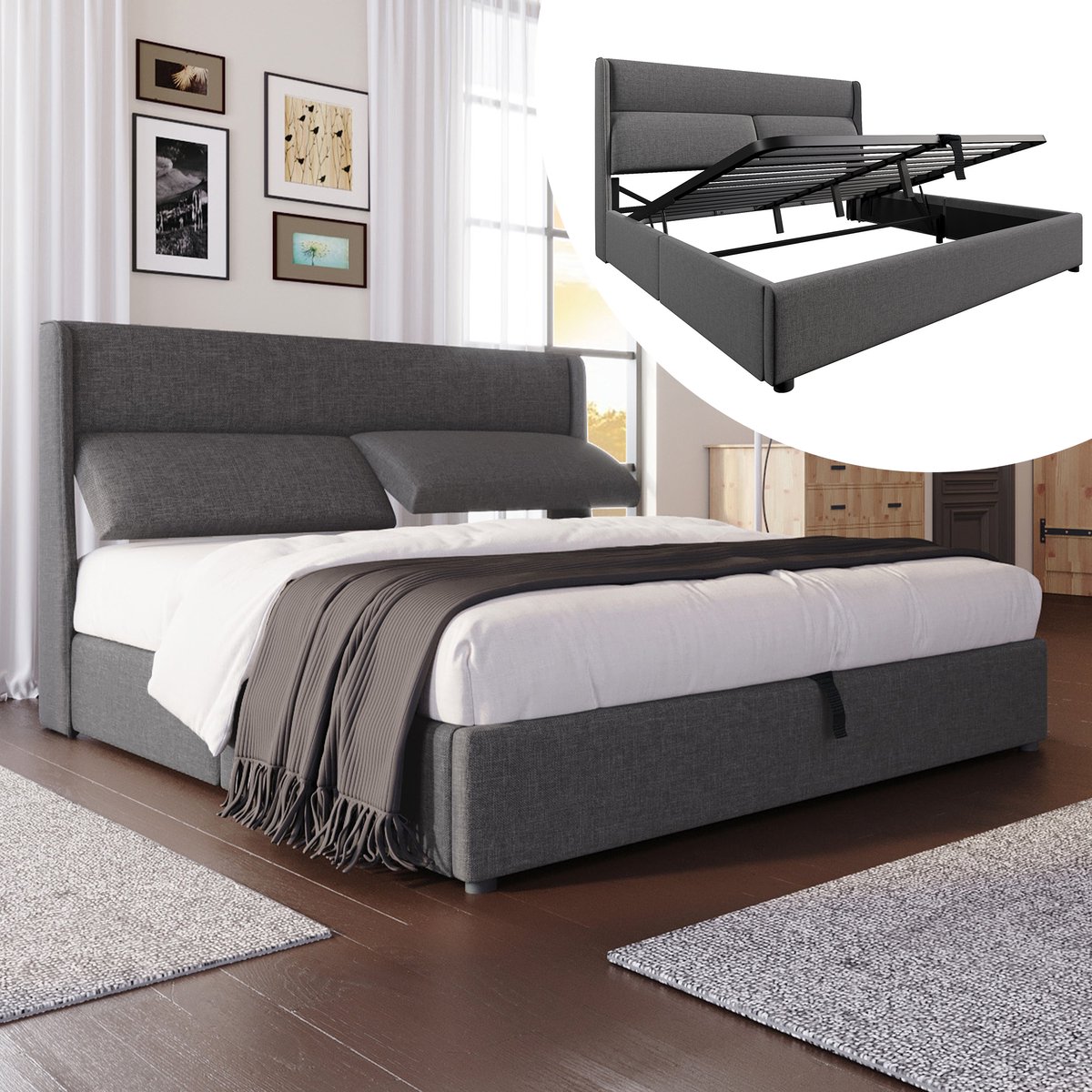 Gestoffeerd opbergbed met 3-voudig verstelbaar hoofdeinde en hydraulisch systeem - comfortabel wingback - 160x200 cm 2-persoons - grijs linnen - stevige metalen lattenbodem - stille EVA-demping