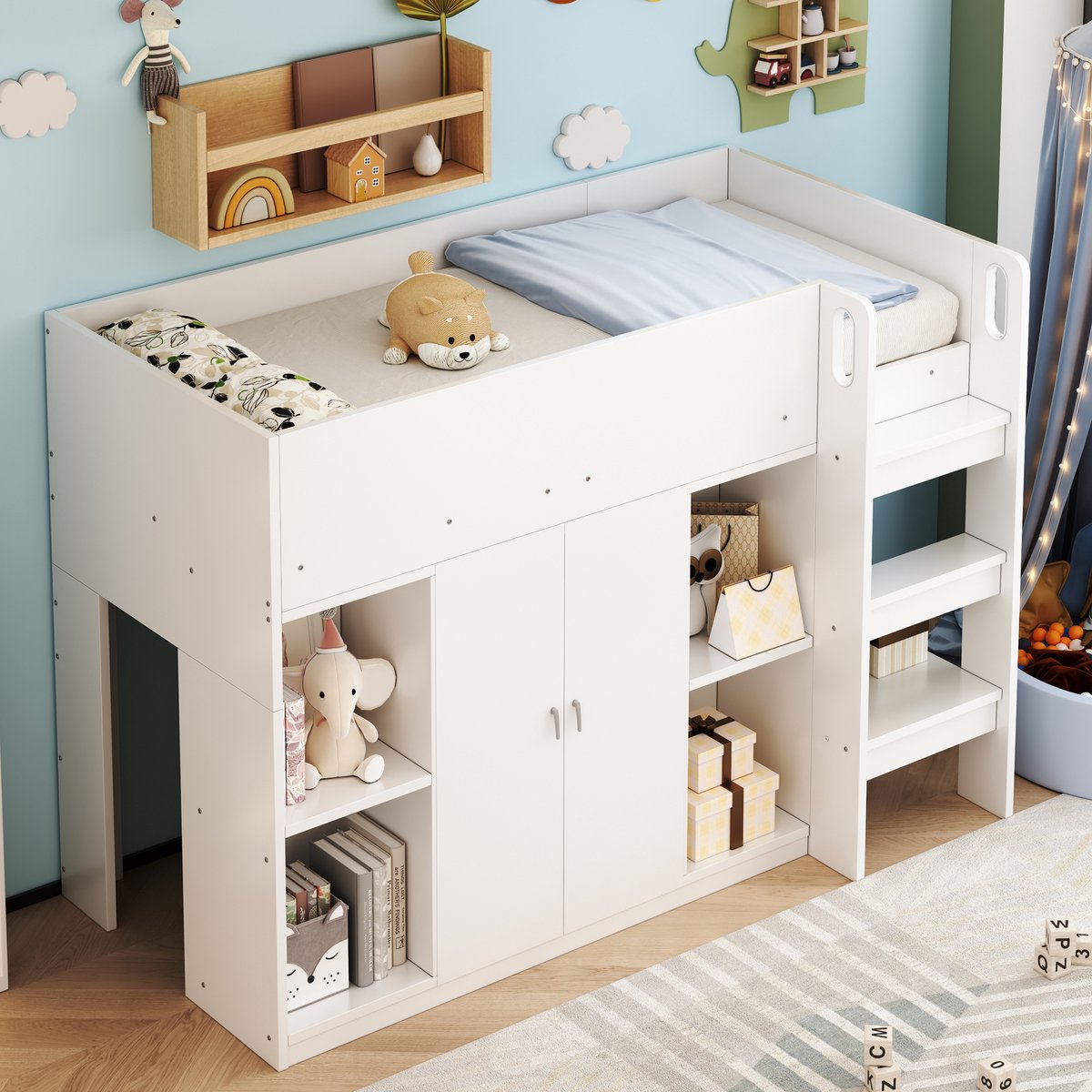 Hoogslaper met opbergruimte, kast en legplanken - 90x200 cm eenpersoons - Wit - Inclusief ladder - Stabiele houtconstructie - Geschikt voor kinderkamers