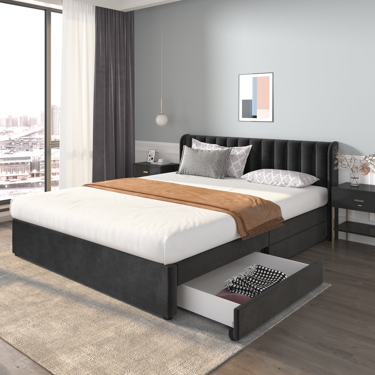 Gestoffeerd bed 180x200 cm - 2 opberglades en gestoffeerde rugleuning - Zwart fluweel - Inclusief lattenbodem - Max. 300 kg - Tijdloos en elegant design