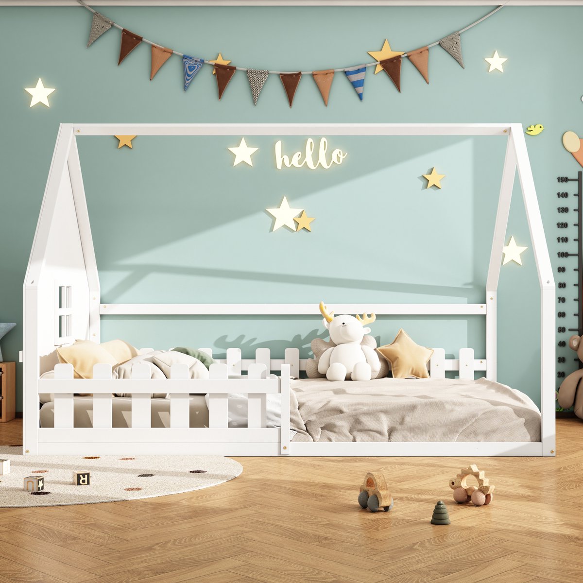 Kinderbed in huisvorm - Vlak ontwerp met veiligheidshek - 140x200 cm - 1 persoon - Wit - Massief grenenhout en MDF - Stabiel en duurzaam frame