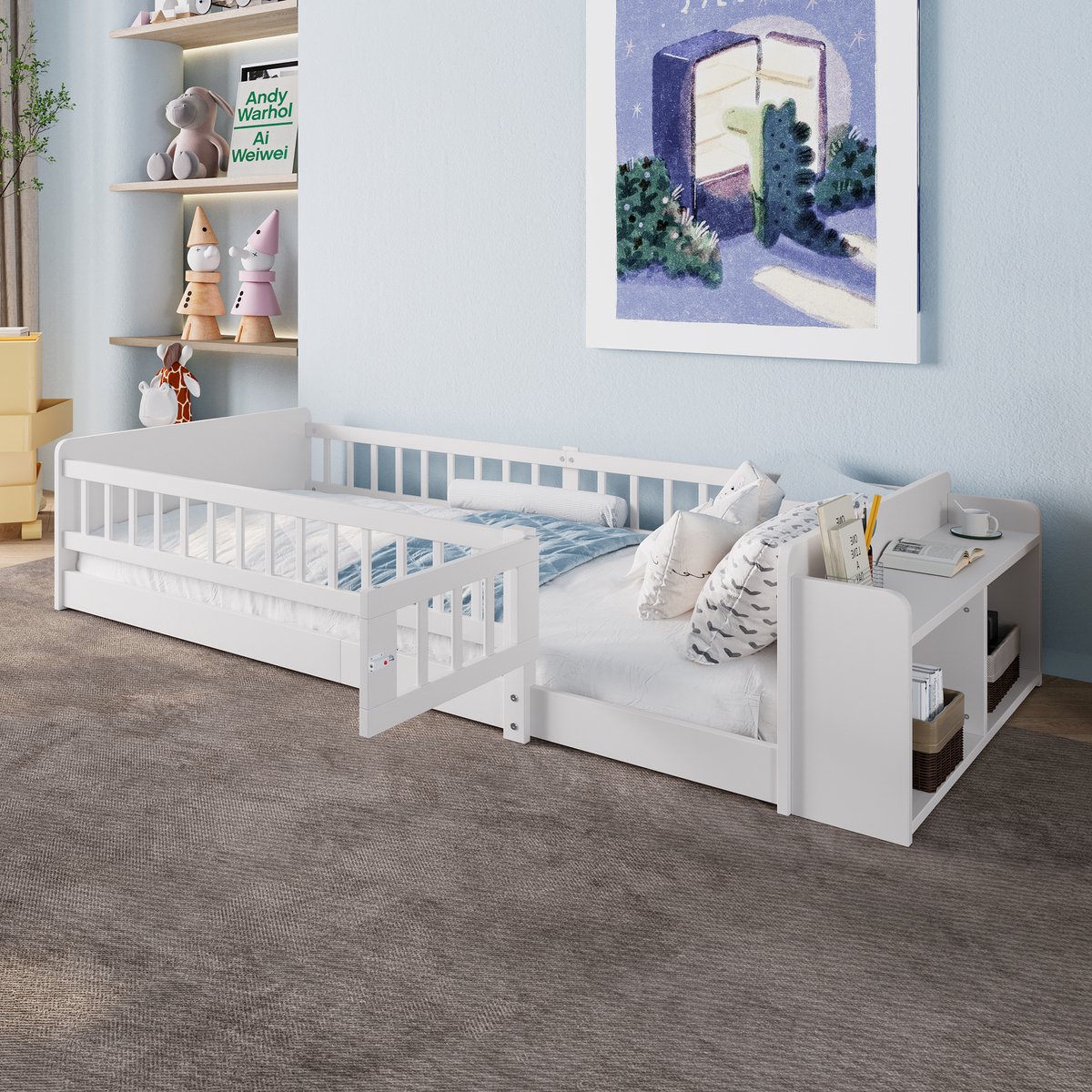 Houten kinderbed met opberging en deurpaneel - 90x200 cm - wit - massief grenen met open planken en legborden - modulair ontwerp - inclusief lattenbodem