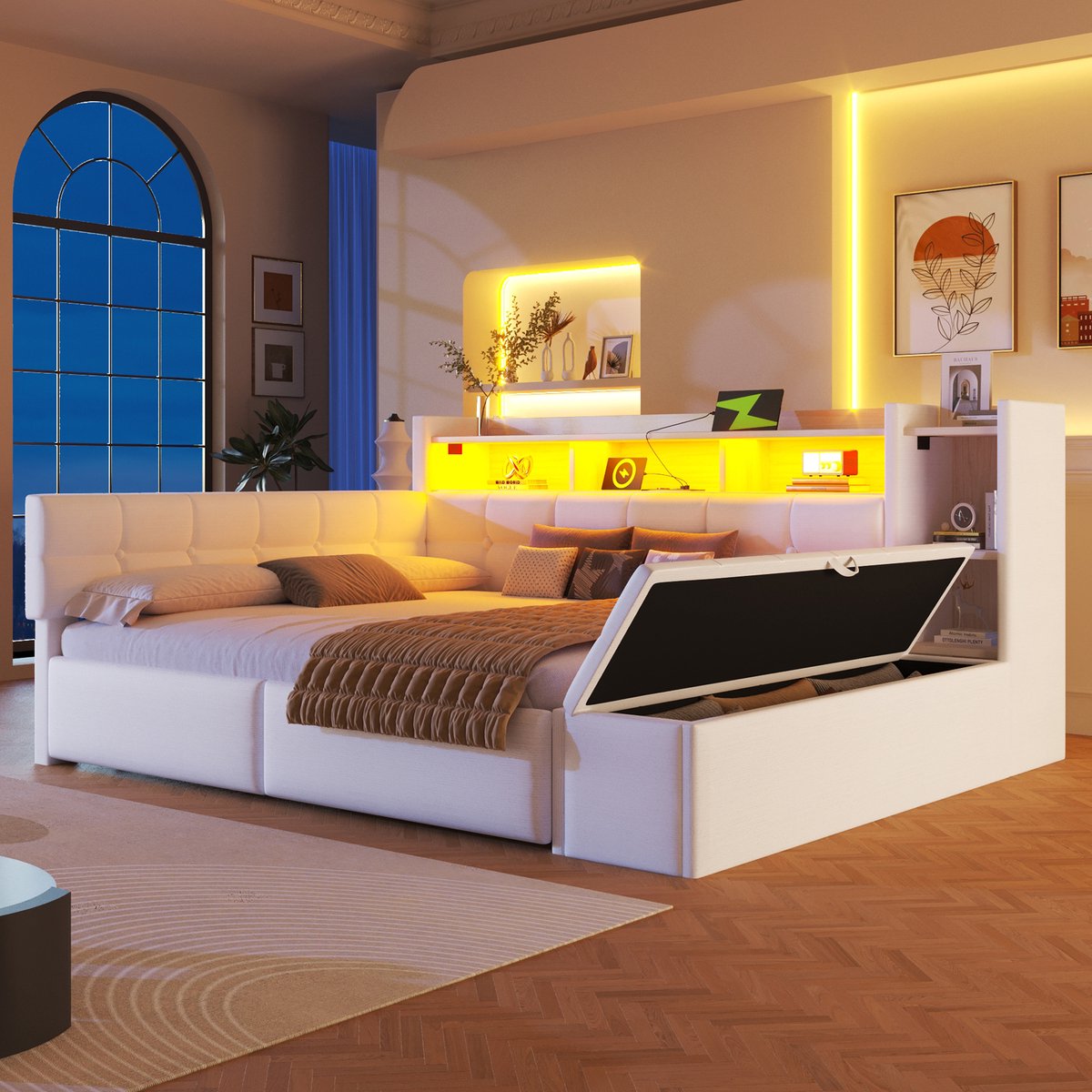 Dagbed 140x190 cm - veelzijdige slaapbank met opberglades, sfeervolle LED-lichtstrip en USB/Type-C oplaadpoorten - tweepersoons - wit fluweel - voorzien van opbergbank aan het voeteneinde en handige legplanken