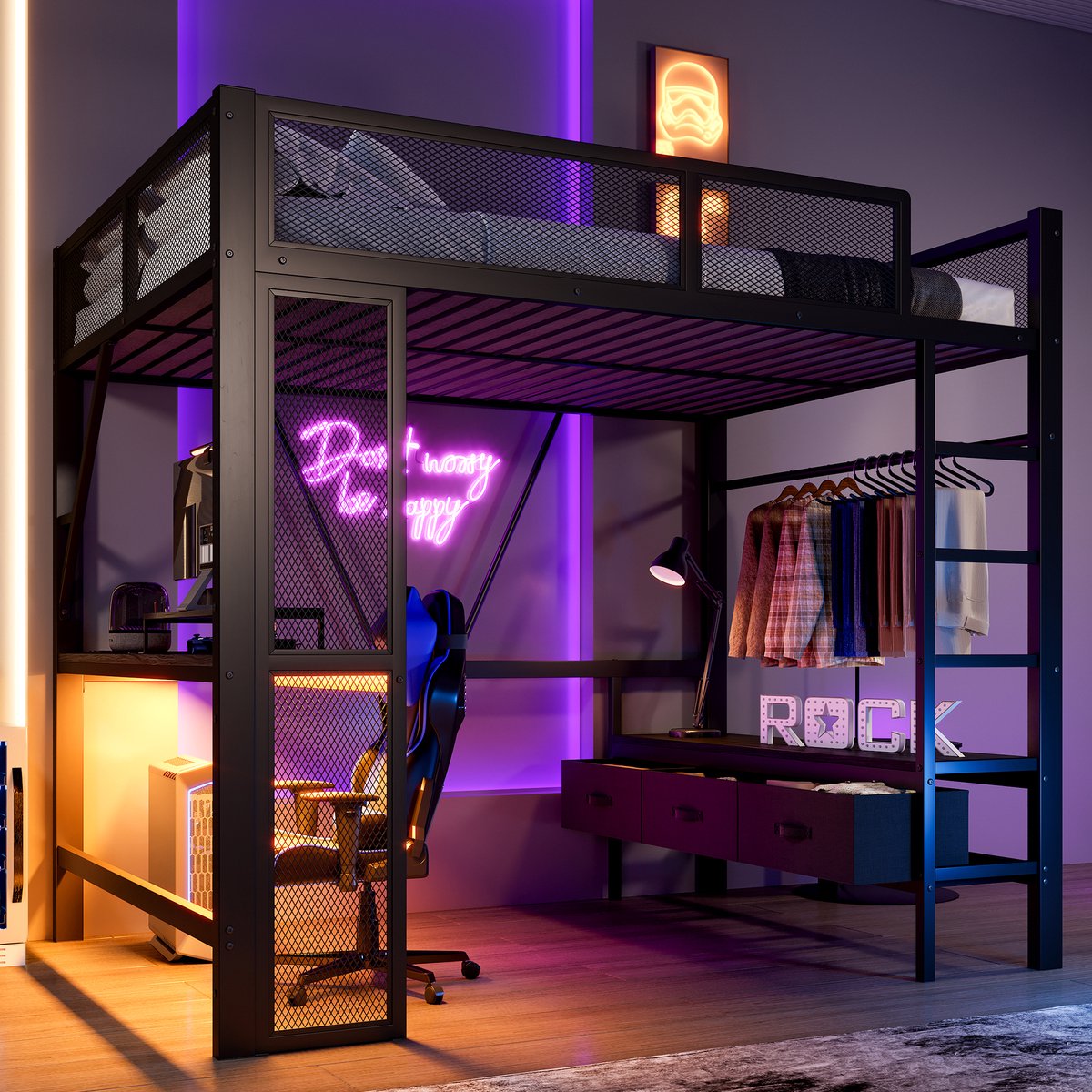 Metalen hoogslaper - Multifunctioneel met bureau, kledingkast en 3 laden - 140x200 cm voor 1 persoon - Zwart - 16-kleuren LED-verlichting en USB - Inclusief lattenbodem - Veiligheidshek - Stabiel tot 150 kg
