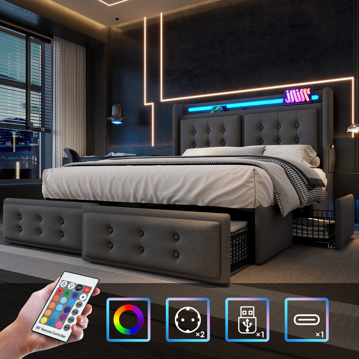 Gestoffeerd opbergbed met LED en USB-C - 160x200 cm - 2 personen - Grijs - 4 opberglades en opbergvakken in hoofdeinde - Stabiel tot 300 kg