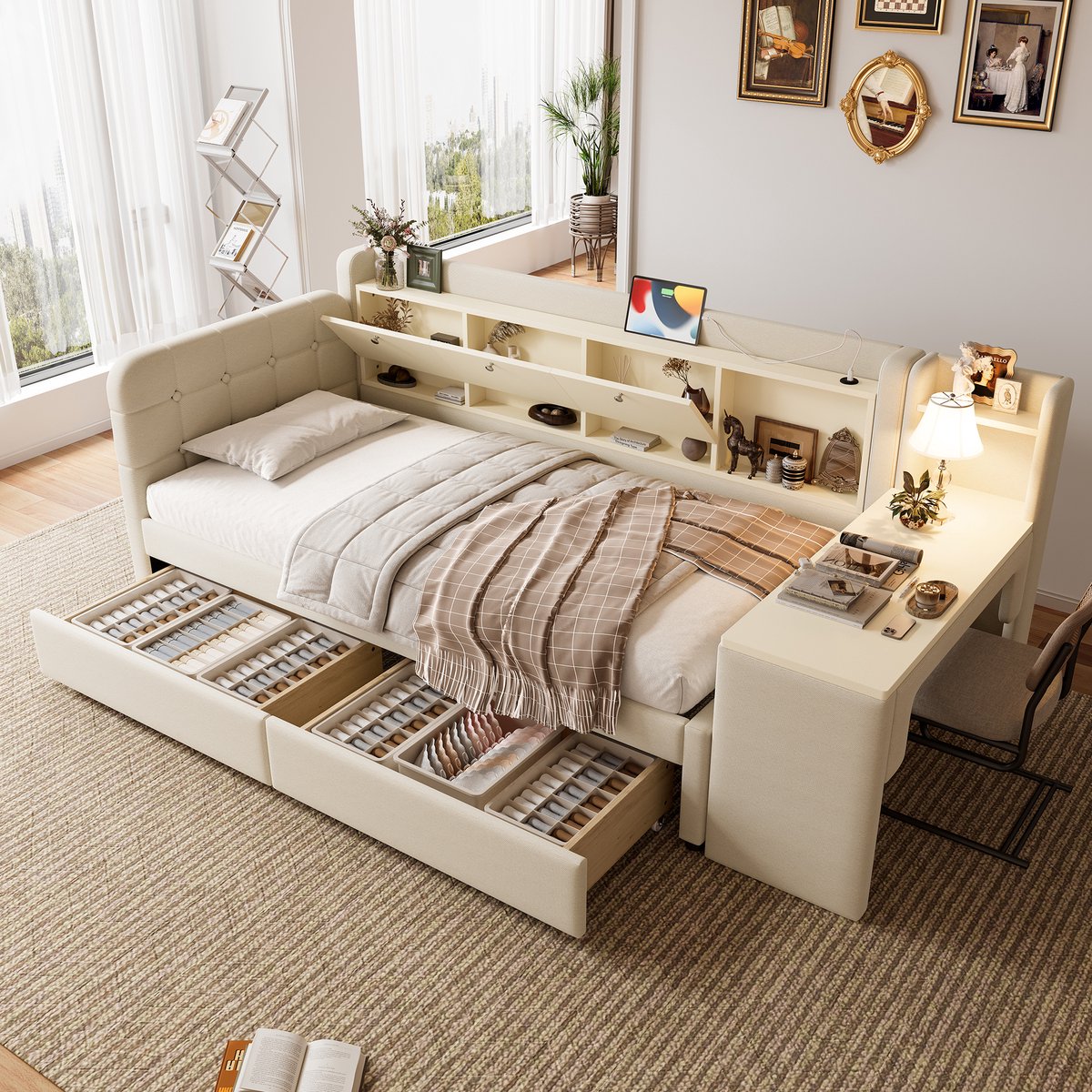 Dagbed 90x200 cm - multifunctionele slaapbank met bureau en 2 lades - eenpersoons - beige linnen - USB/Type-C en opbergvak - lattenbodem inbegrepen