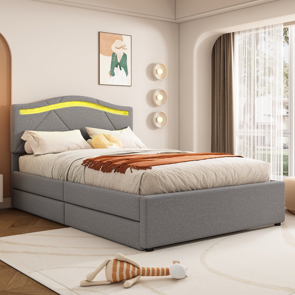 Gestoffeerd bed 90x200 cm - Multifunctioneel met opbergruimte en LED - Grijs linnen - 2 schuifladen en verstelbaar hoofdeinde - App-gestuurde sfeerverlichting - Inclusief lattenbodem