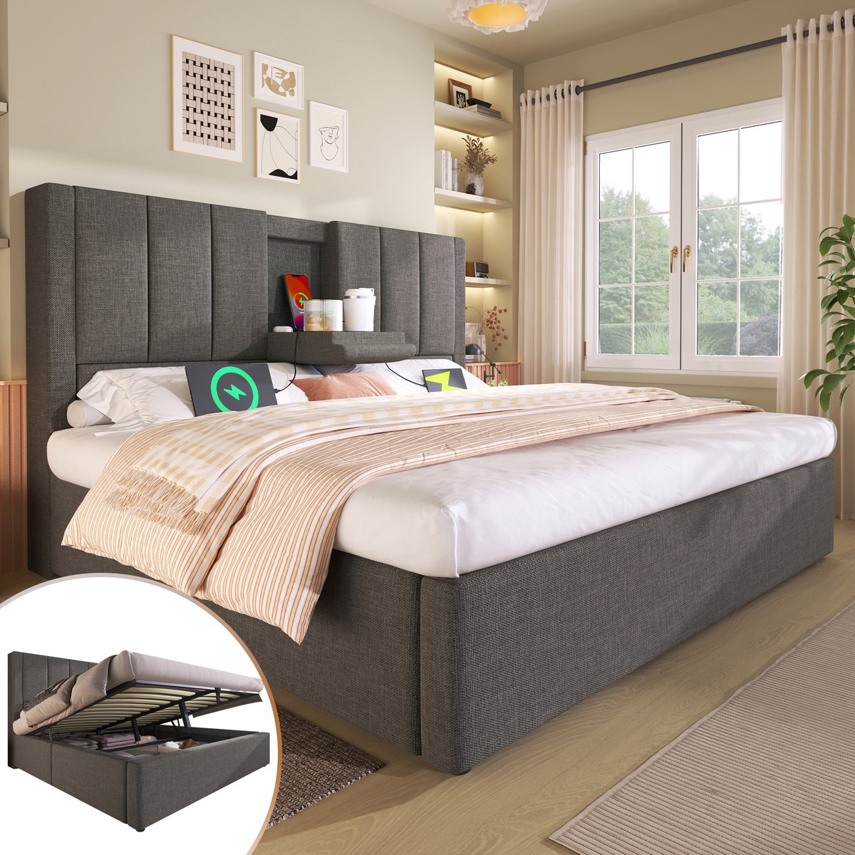 Opbergbed - tweepersoonsbed met ladestation - 180x200 cm - Grijs linnen - Hydraulische opbergruimte - Verborgen bekerhouder en snellaad-USB/Type-C - Inclusief lattenbodem