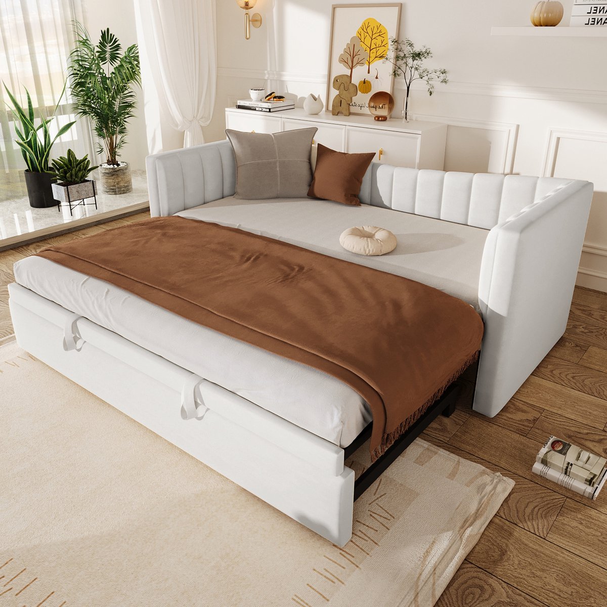 Dagbed slaapbank met uitschuifbed - van 90x200 naar 180x200 cm - Wit fluweel - Compact 2-in-1 design - Inclusief uitschuifbed 90x190 cm - Minimalistisch en ruimtebesparend