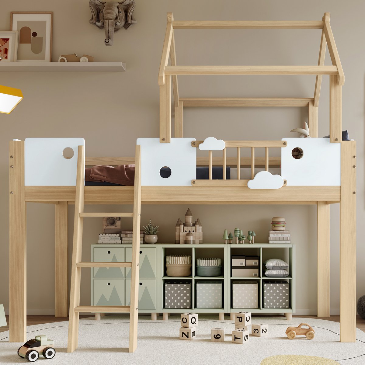 Houten hoogslaper met speels dak en veiligheidshek - 90x200 cm - 1 persoon - Wit en naturel - Veilige drietredes ladder - Flexibele ruimte onder bed - EN747 gecertificeerd grenenhout
