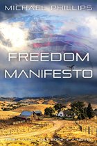 Boekomslag 'Freedom Manifesto' met een abstracte Amerikaanse vlag, een drone en een landschap met boerderijen.