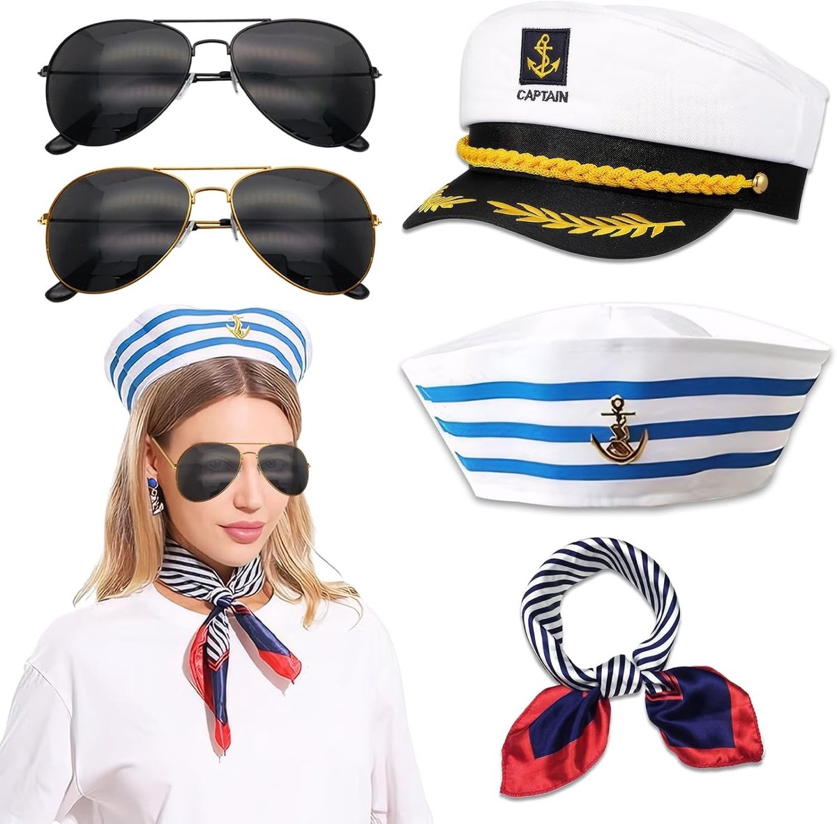 Sailor Kostuum Set voor Feestjes - Hoed, Sjaal en Zonnebril voor Maritieme Thema's en Verkleedpartijen voor Mannen en Vrouwen