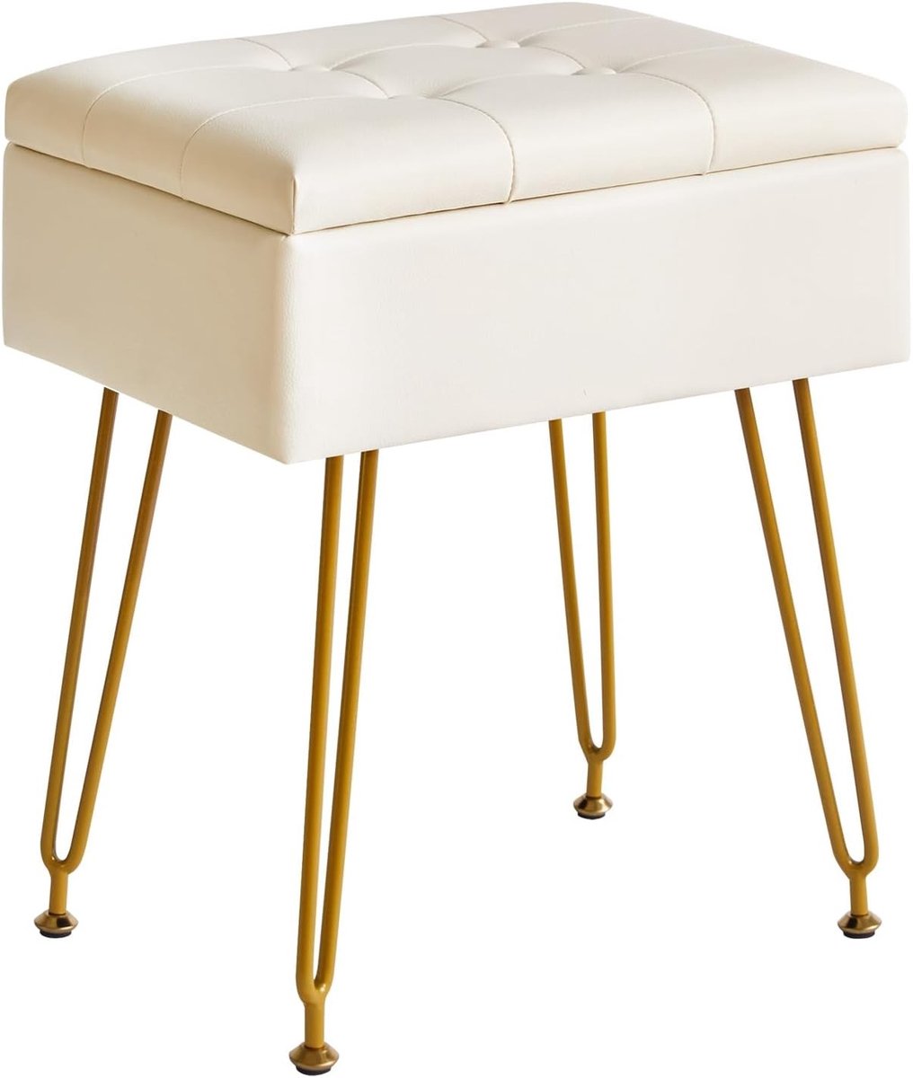 Multifunctionele Opbergkruk met Flip Tafelblad, Verstelbare Metalen Poten en PU Leer - 40x30x48cm Ottoman voor Make-up, Woonkamer en Entree in Wit