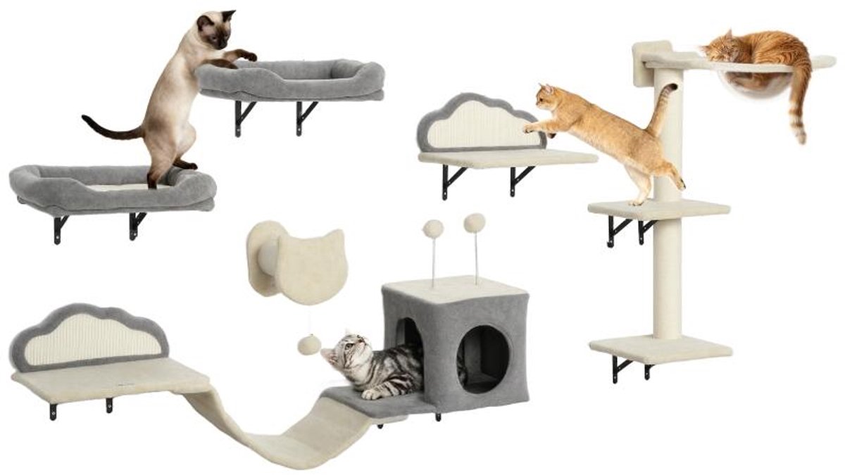 Katten muurplanken‑set‑6 stuks‑acryl bubbel hangmat‑nis‑ladder‑beige