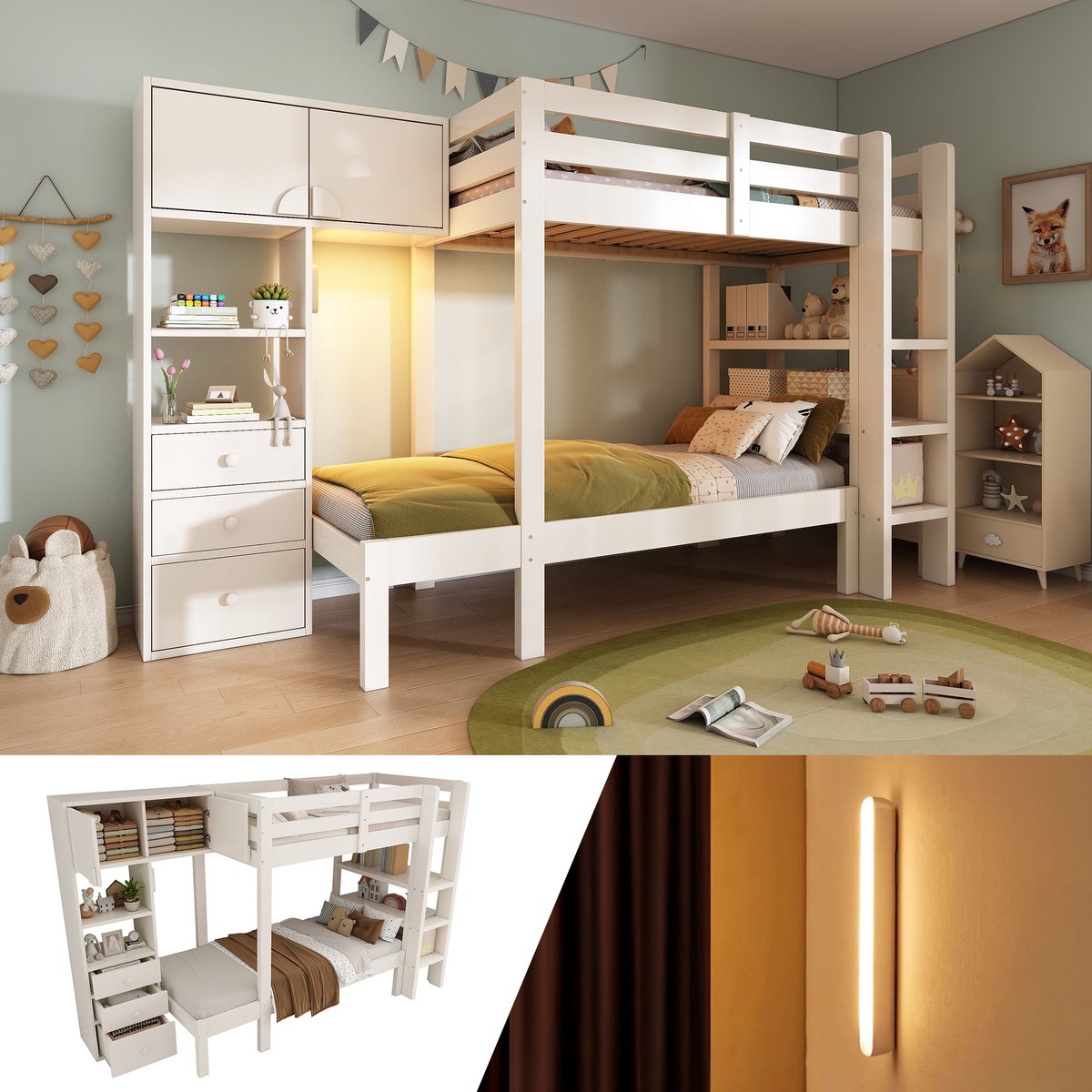 Kinder stapelbed met slimme LED-nachtlamp en bewegingssensor - 2x 90x200 cm met kasten, lades en legplanken - wit - versprongen ontwerp met ruime opbergmogelijkheden - veiligheidsgecertificeerd EN747-1:2024