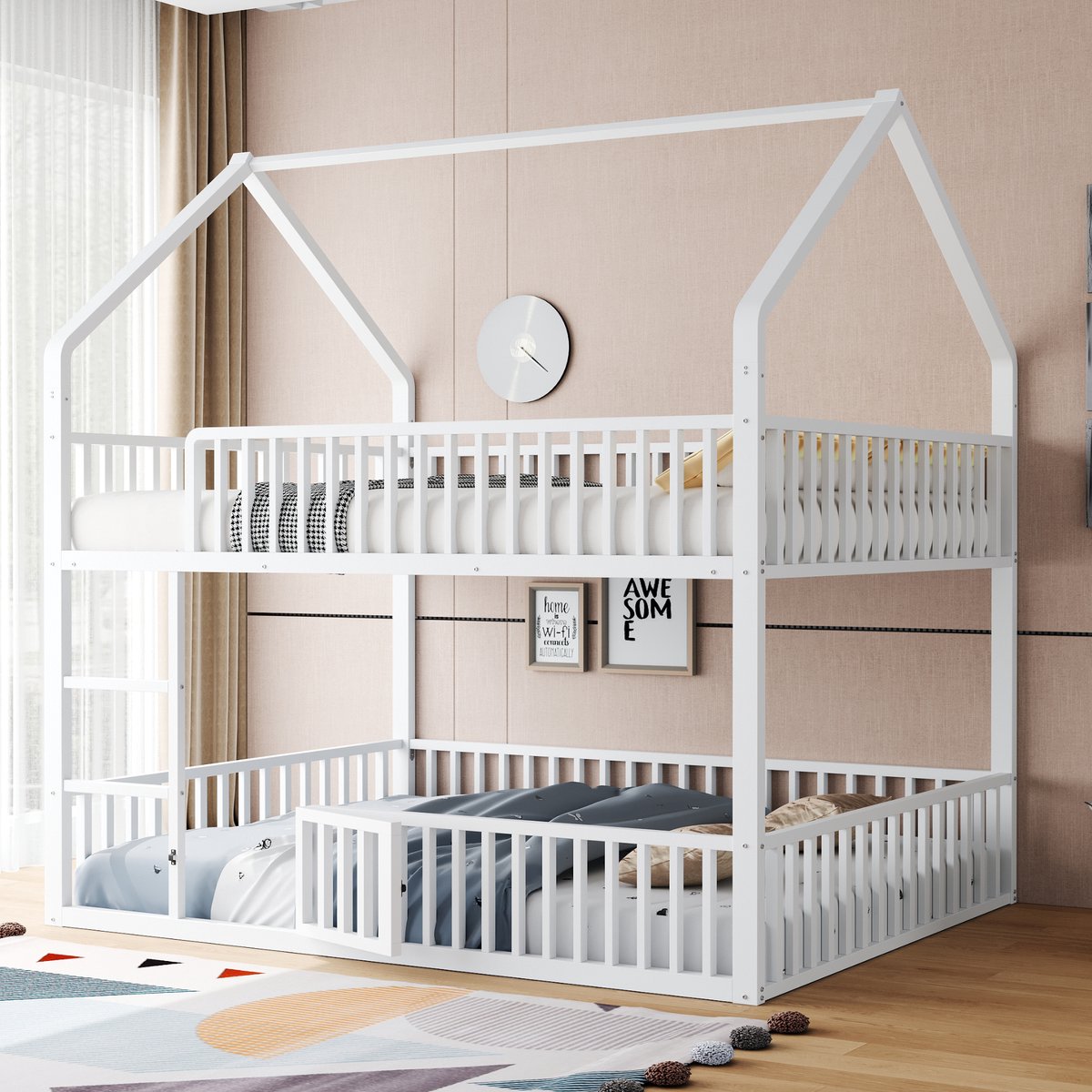 Stapelbed met speels huisdesign en deurtje - voor kinderen, tieners en logees - 90x200 boven + 140x200 onder - wit - volledig metalen frame met veiligheidsrekken - vaste ladder - stevige lattenbodem