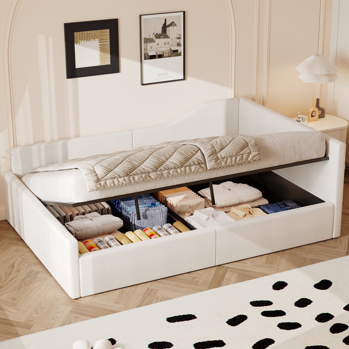 Gestoffeerd dagbed 140x200 cm - bank en bed met opbergruimte - beige - linnen bekleding - stevig frame tot 200 kg - lattenbodem inbegrepen