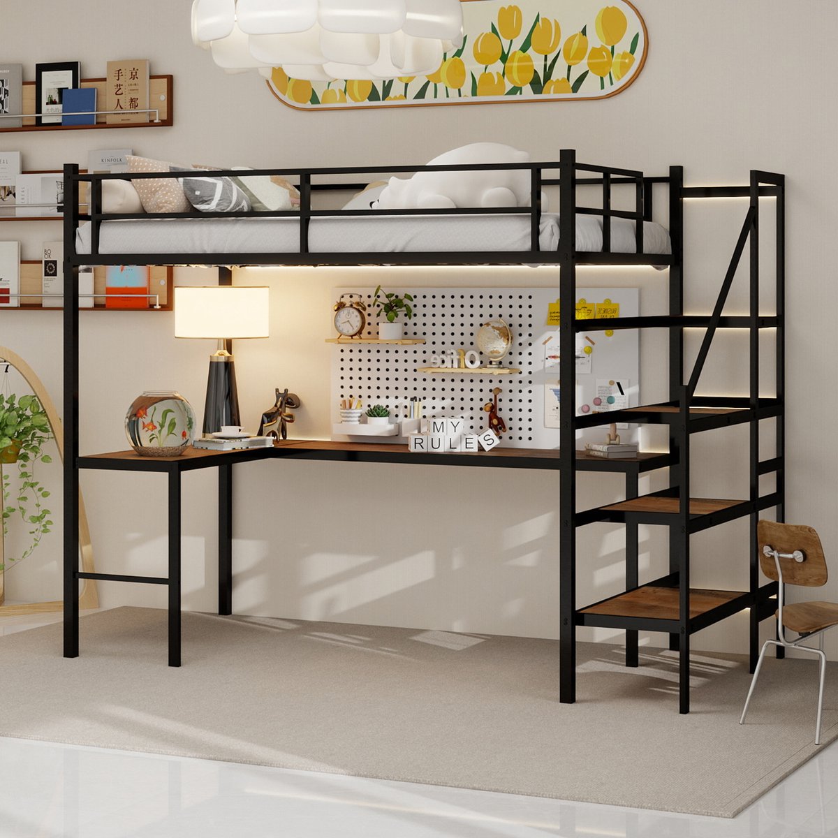 Hoogslaper met L-vormig bureau en opbergtrap - 90x190 cm eenpersoons - Zwart - Inclusief prikbord, 3 planken en ophangrek - Volledig veiligheidsrek en brede treden - Ruimtebesparend voor kinderkamer en tienerkamer