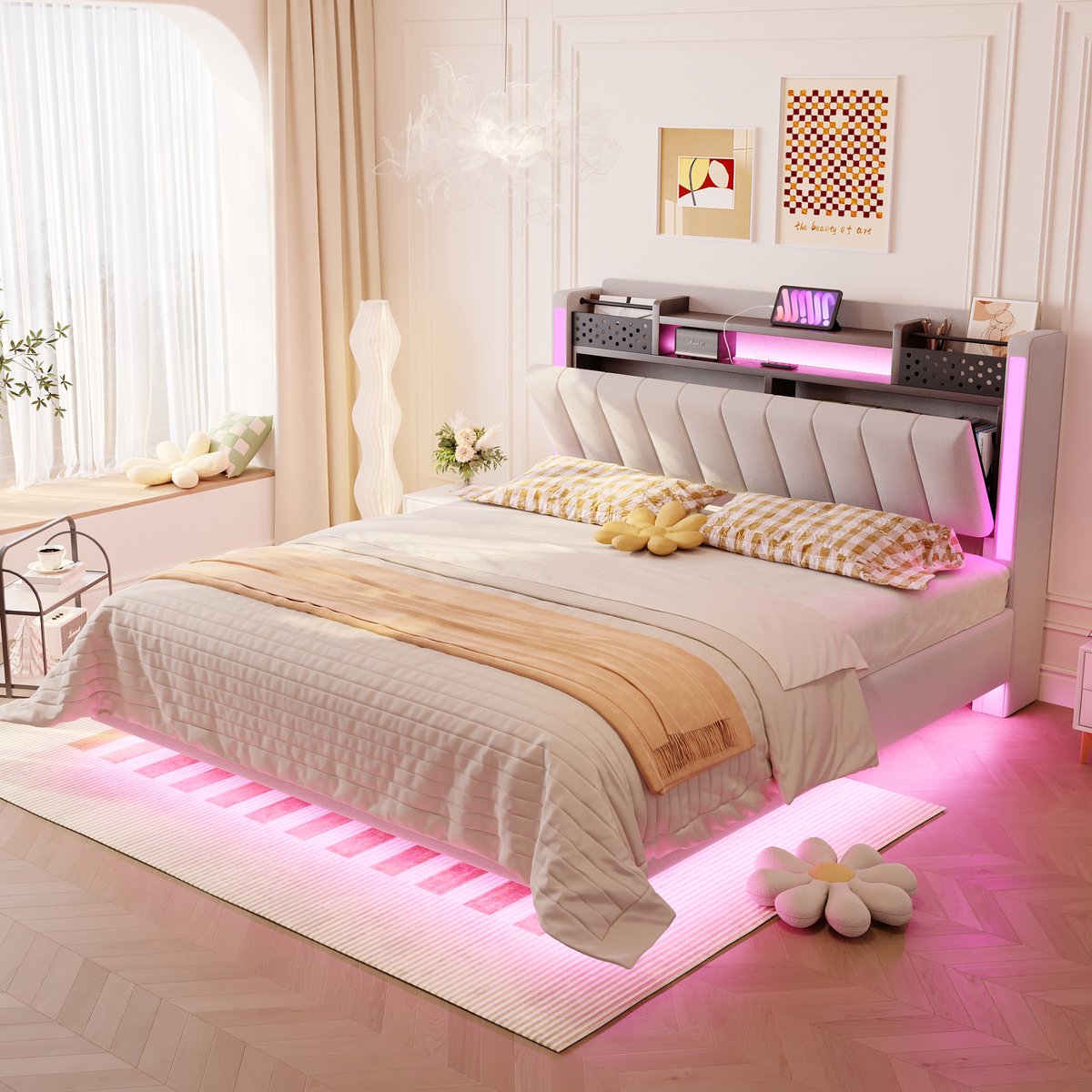 Gestoffeerd zwevend bed 140x200 cm - USB-oplaadpoort, LED-sfeerverlichting en opbergvak in hoofdeinde - Beige linnen - Verborgen poten - Inclusief lattenbodem