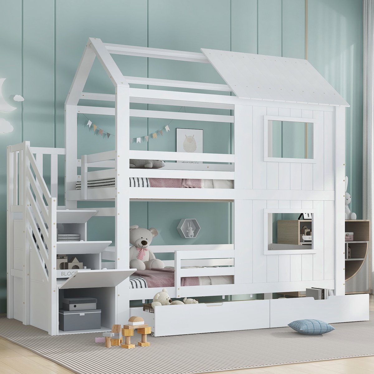 Kinderstapelbed met opbergtrap en raam - speels en opbergvriendelijk - 90x200 cm eenpersoons - wit - trapkast en uitschuiflade - huisdesign met dak - inclusief lattenbodem