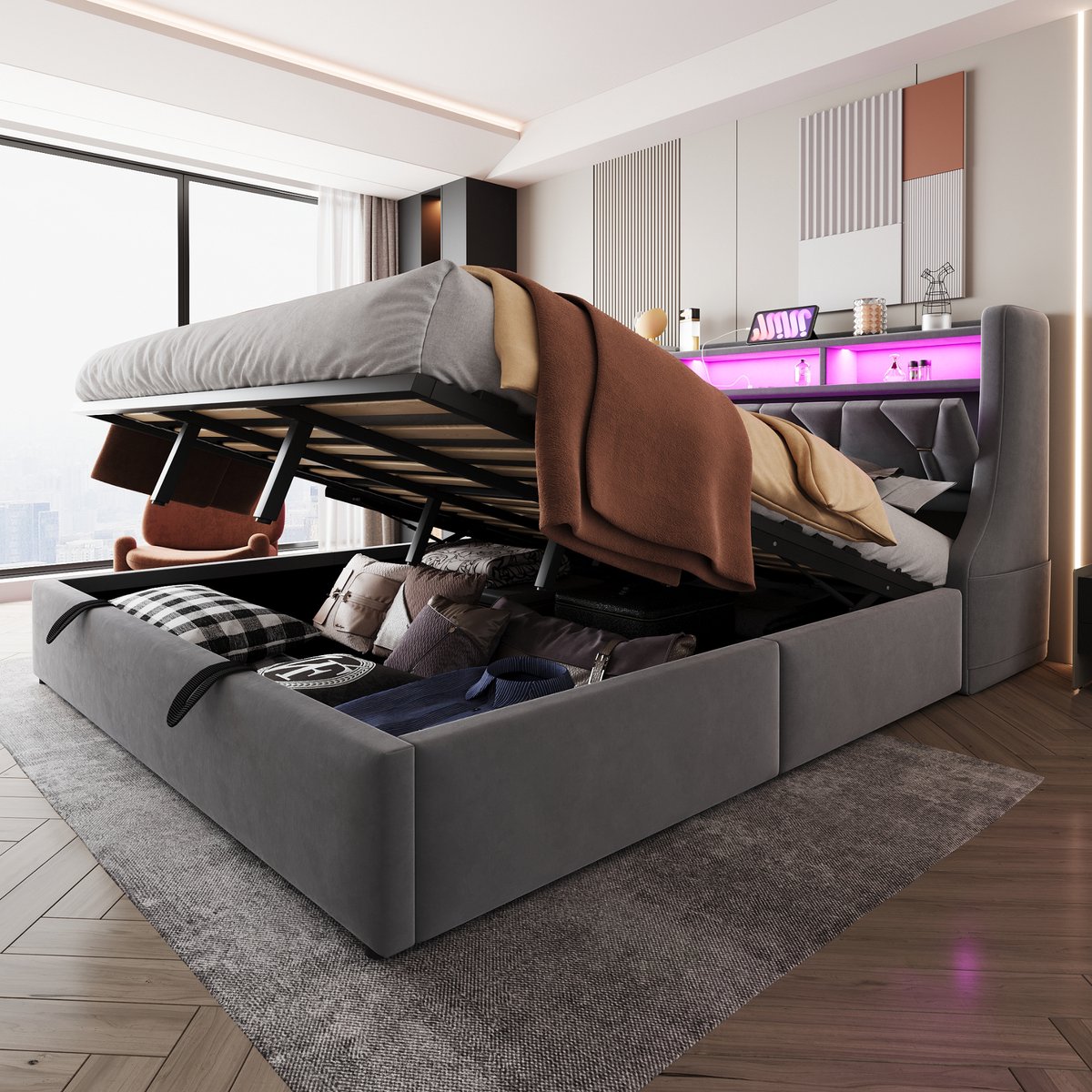 Gestoffeerd bed 180x200 cm - tweepersoons met hydraulische opbergruimte en opklapbaar hoofdeinde - grijs fluweel - geïntegreerd stopcontact met USB/Type-C en LED - opbergvakken in hoofdbord - verbrede poten - lattenbodem inbegrepen