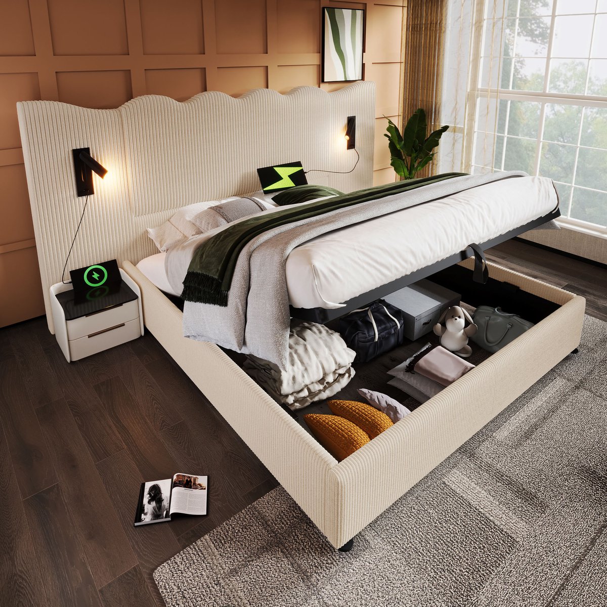 Gestoffeerd tweepersoonsbed - met hydraulische opbergruimte en leeslampen - 180x200 cm - Beige-wit corduroy - USB/Type-C oplaadpoorten - Draaibare lampen