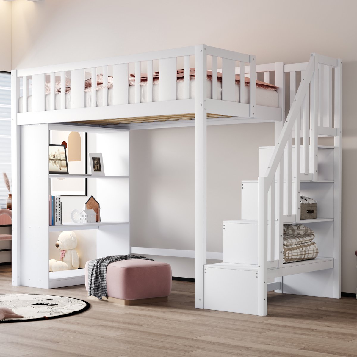 Hoogslaper - kinderbed met opbergtrap en ruime opbergvakken - 90x200 cm - Wit - Stevige grenenhouten constructie - Beveiligingsrek en ladder - Inclusief lattenbodem