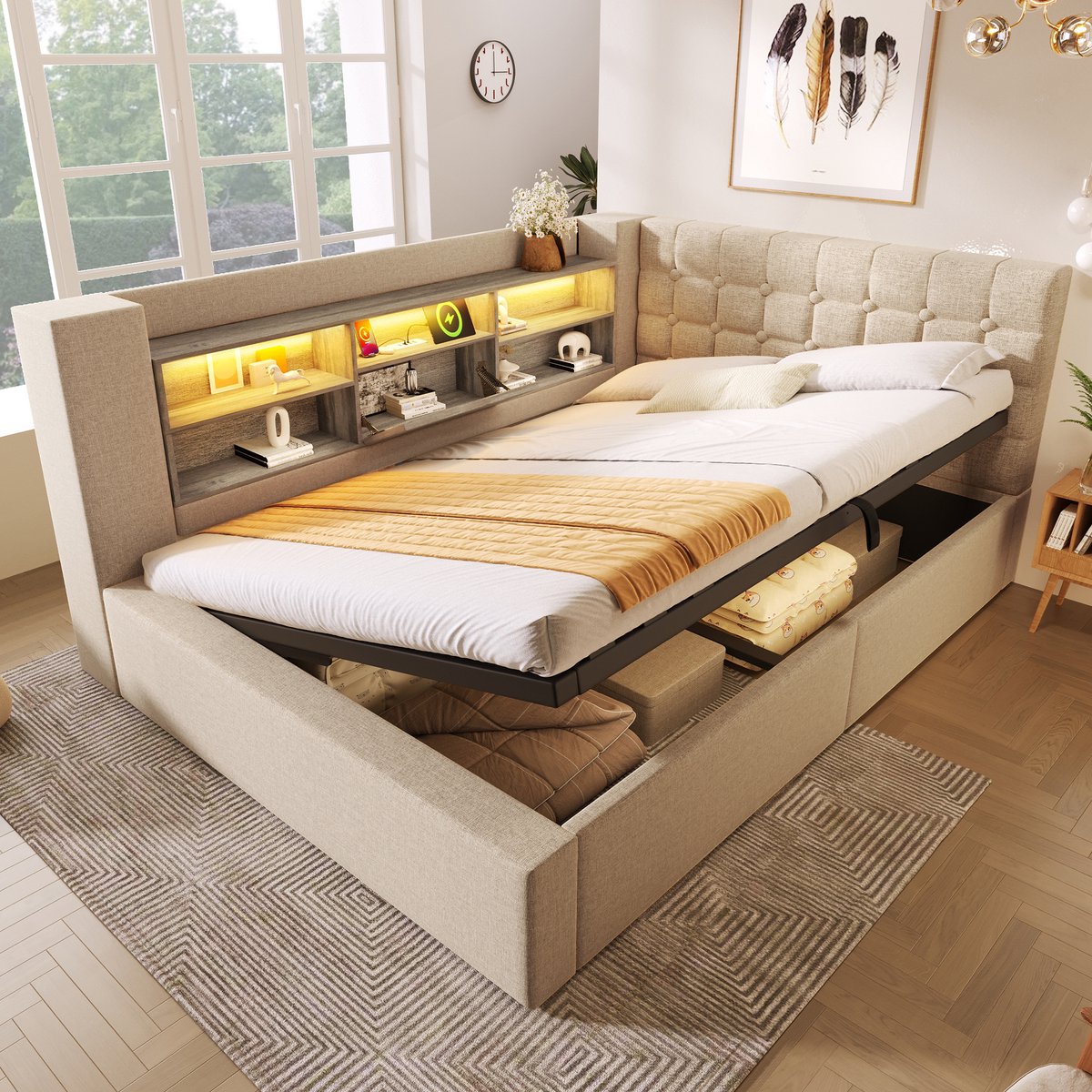 Gestoffeerd bed met L-vormig hoofdeinde, LED en hydraulische opberging - 140x190 cm tweepersoons - beige linnen - USB-C snelladen en 60.000 kleuren - links/rechts monteerbaar