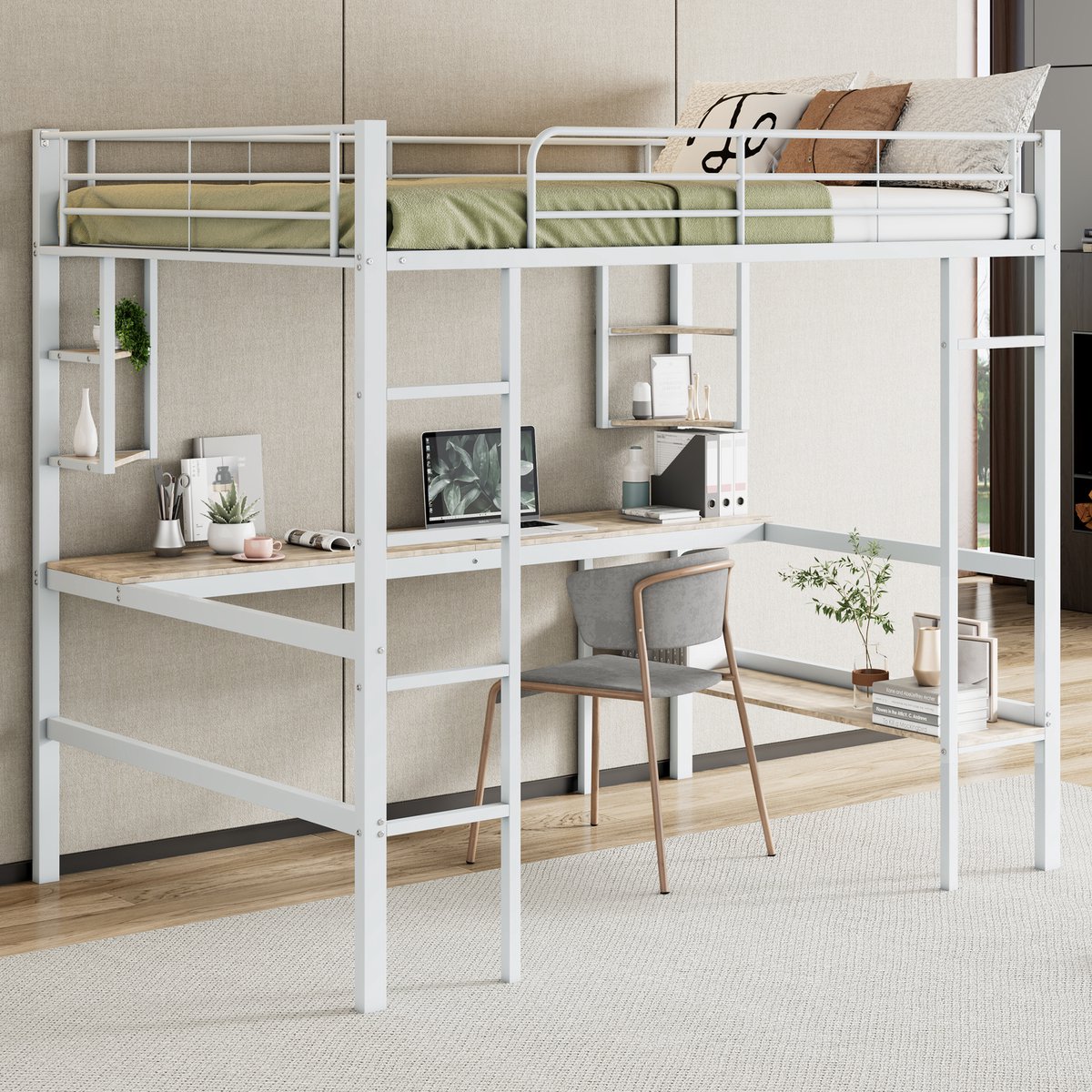 Metalen hoogbed 140x200 cm - Slaap- en studeercombinatie met bureau en boekenkast - Wit - 4 legplanken en groot boekenrek - Veiligheidshek - Stalen frame tot 150 kg - Geschikt voor kind tot volwassene