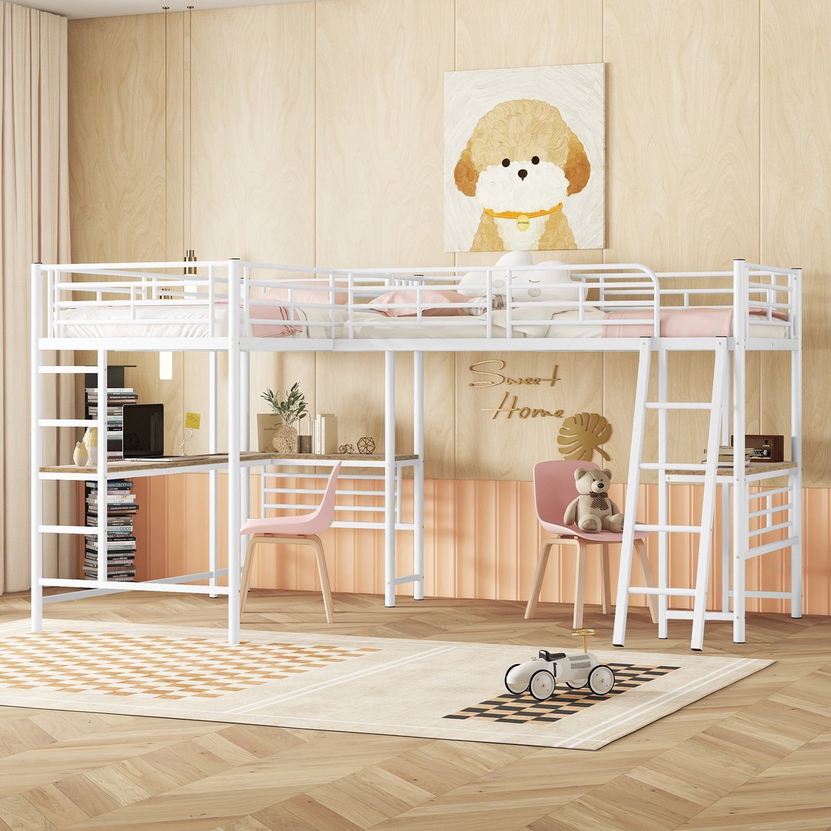 Metalen stapelbed 90x200 cm - Multifunctioneel met bureau, dubbele trap en hoog hek - Geschikt voor 2 kinderen, tieners of volwassenen - Wit - EN747 gecertificeerd voor veiligheid - Robuust stalen frame tot 114 kg per bed