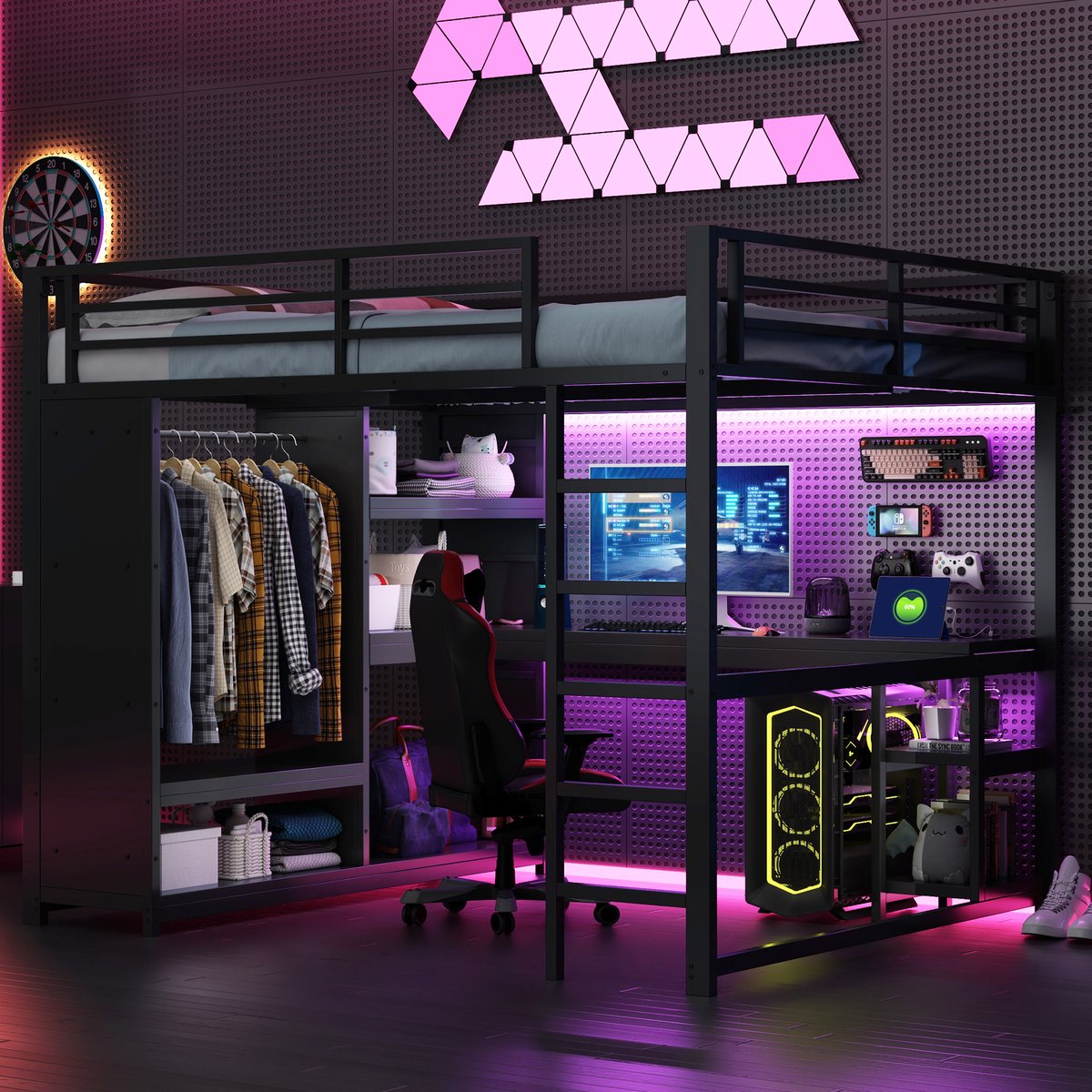 Metalen hoogslaper 160x200 cm - gaming met bureau en led - Zwart - Geïntegreerde werkplek met app-gestuurde LED-verlichting - Open kledingkast met legvakken - 24-delige lattenbodem inbegrepen