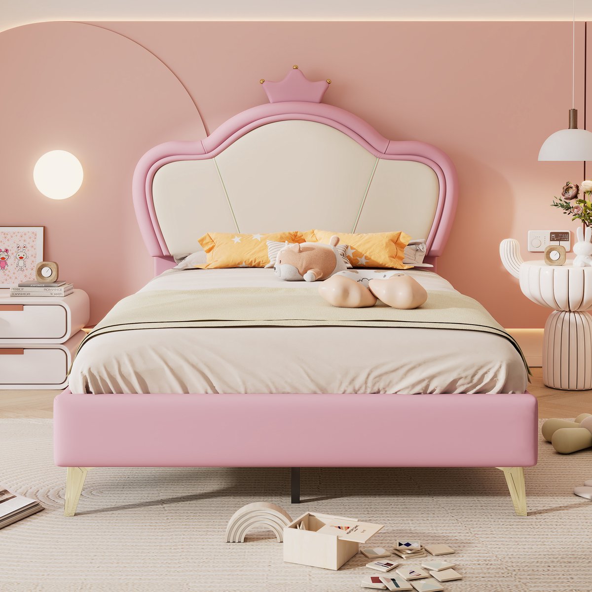 Kinderpolsterbed met kroon - Zachte veiligheidsranden en metalen poten - 90x200 cm eenpersoons - Roze+Wit - Elegant golvend hoofdeinde in PU-leder