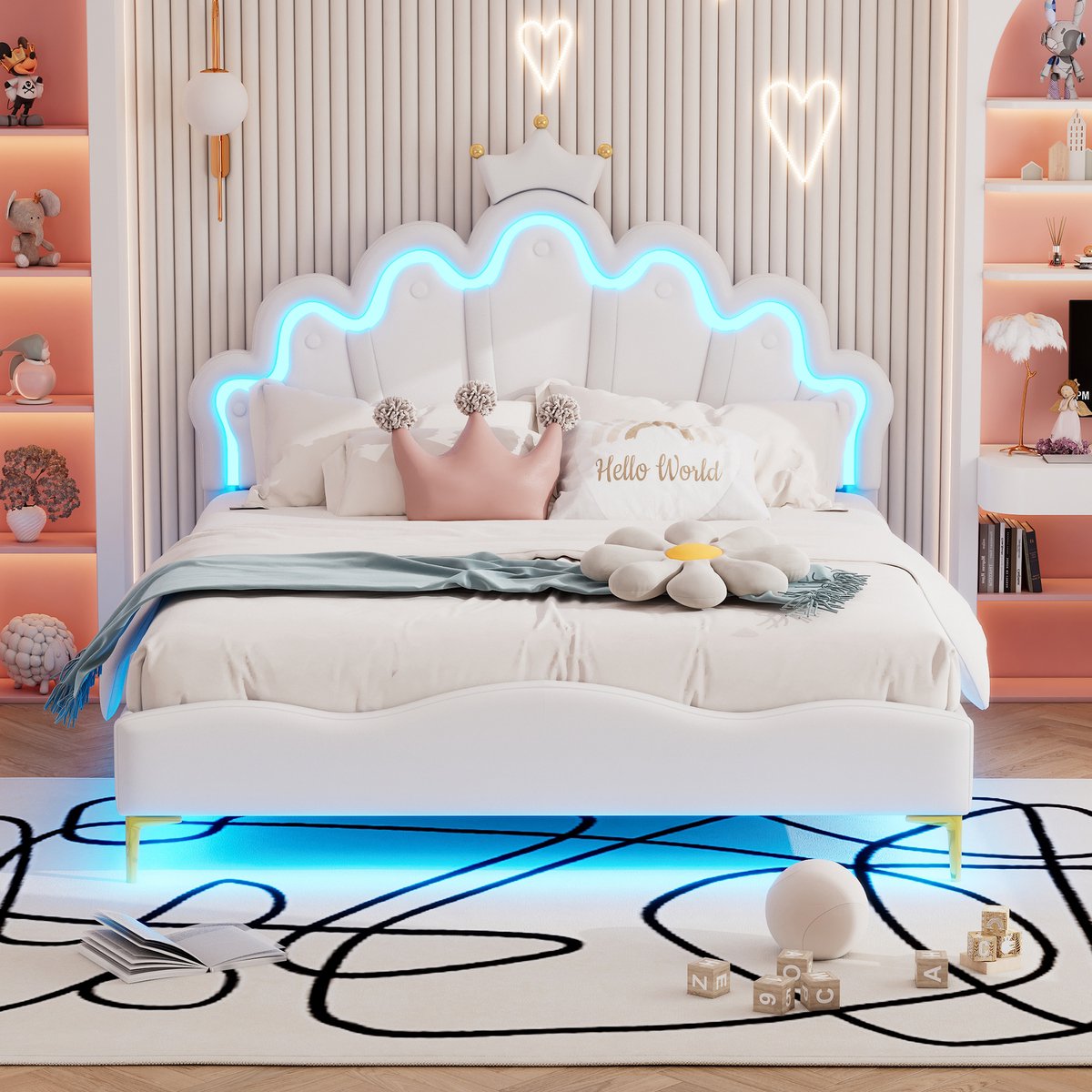 Prinsessenbed met kroon 140x200 cm - App-gestuurde LED-sfeerverlichting - Wit - Zachte PU-lederen bekleding - Verstelbaar hoofdeinde - Geschikt voor prinsessen- en tienerkamer