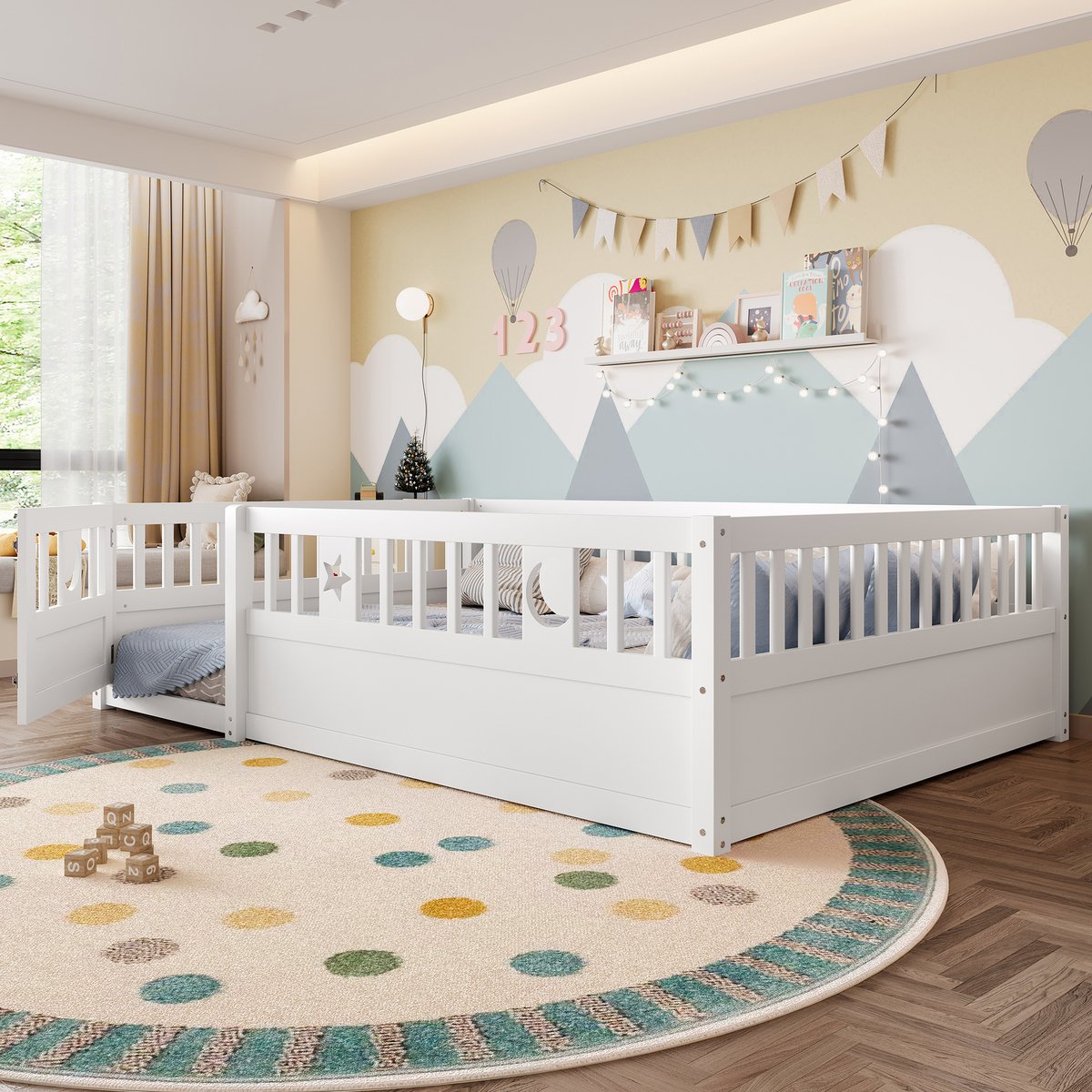 Kinderbed met veiligheidshek en ster-maan decoratie - 140x190 cm - wit massief grenen - minimalistisch ontwerp - vergrendelbare zijwand