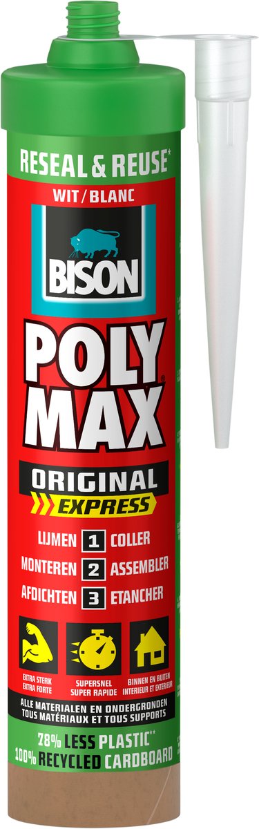 Bison Poly Max® Express koker wit hersluitbaar - universele montage- en afdichtingskit - lijmen, monteren en afdichten