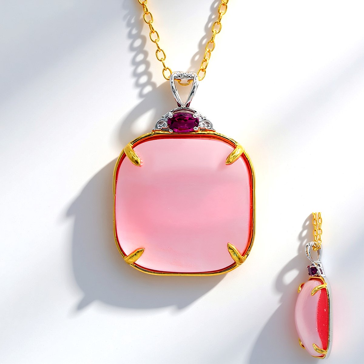 Cavill - Zilveren Halsketting 925 Sterling Zilver Verguld - Roze Mabé-parel 21 mm - Tanzania Granaat 0,27 ct - Elegante Parelketting Dames 50 cm