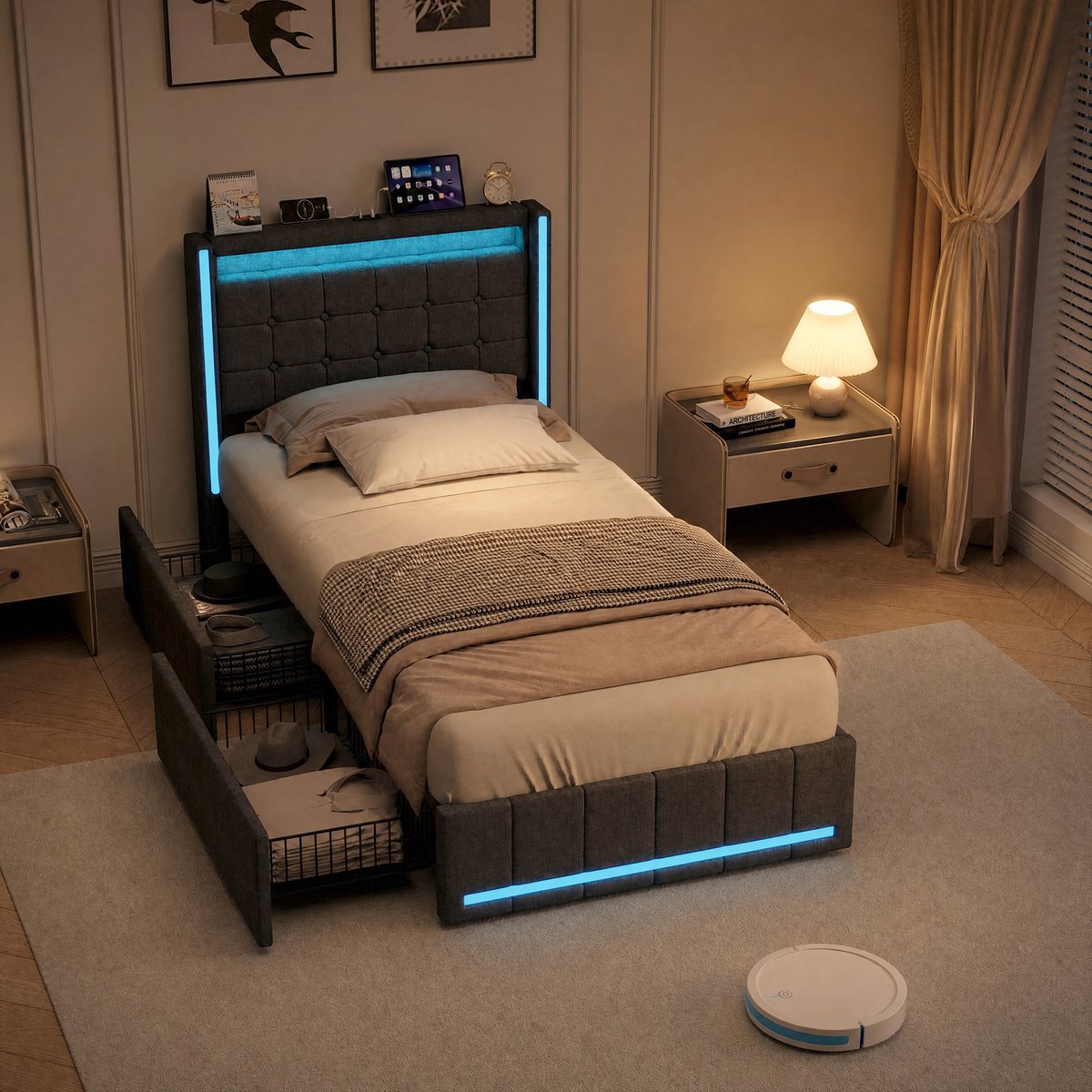 Eenpersoonsbed 90x200 cm met LED-verlichting en USB-poorten, 1-persoonsbed met 2 lades, Gestoffeerd hoofdbord, Bedframe met lattenbodem, linnen Grijs