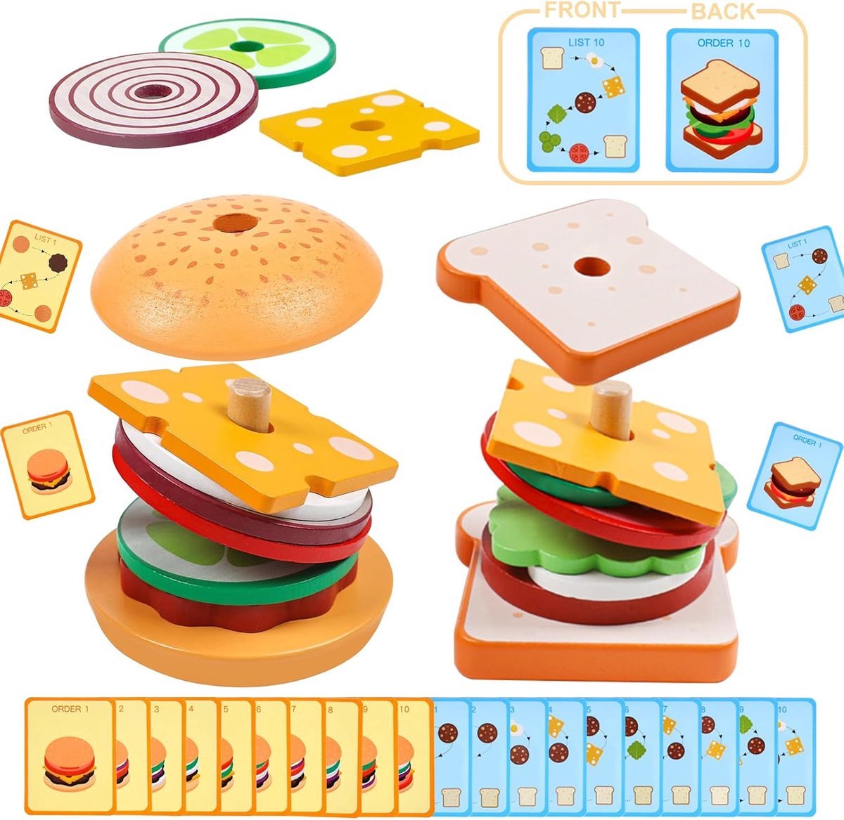 casalora - Montessori Speelgoed - kinderspeelgoed - Montessori - Houten Speelgoed - Educatief speelgoed 3 jaar - Motoriekspeelgoed - Houten hamburgers en burgers - Bouwstenen in de vorm van voedsel - Voor Jongens en Meisjes