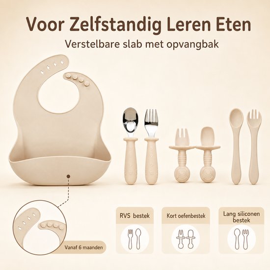 Baby Eetset 11-Delig Voedselveilig Siliconen En 304 Rvs - Slab, Borden, Kom En Bestek - Vanaf 6 Maanden - Met Zuignap - BPA Vrij - Voor Baby & Peuters - Beige wit — afbeelding 4
