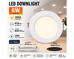 LED Paneel / Downlight Set BSE Rond Inbouw 6W 3000K Warm Wit 120mm Dimbaar Spatwaterdicht