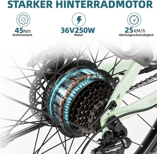 26 inch Elektrische stadsfiets - 36V 14.5AH Accu - Actieradius Tot 75Km- Hoge instap frame - Shimano 7 versnellinge- 45Nm - Met achterlicht - LCD Display - Geveerde zadelpen - City Commuter EBike - Elektrische Fiets voor heren en dames - Groente — afbeelding 4