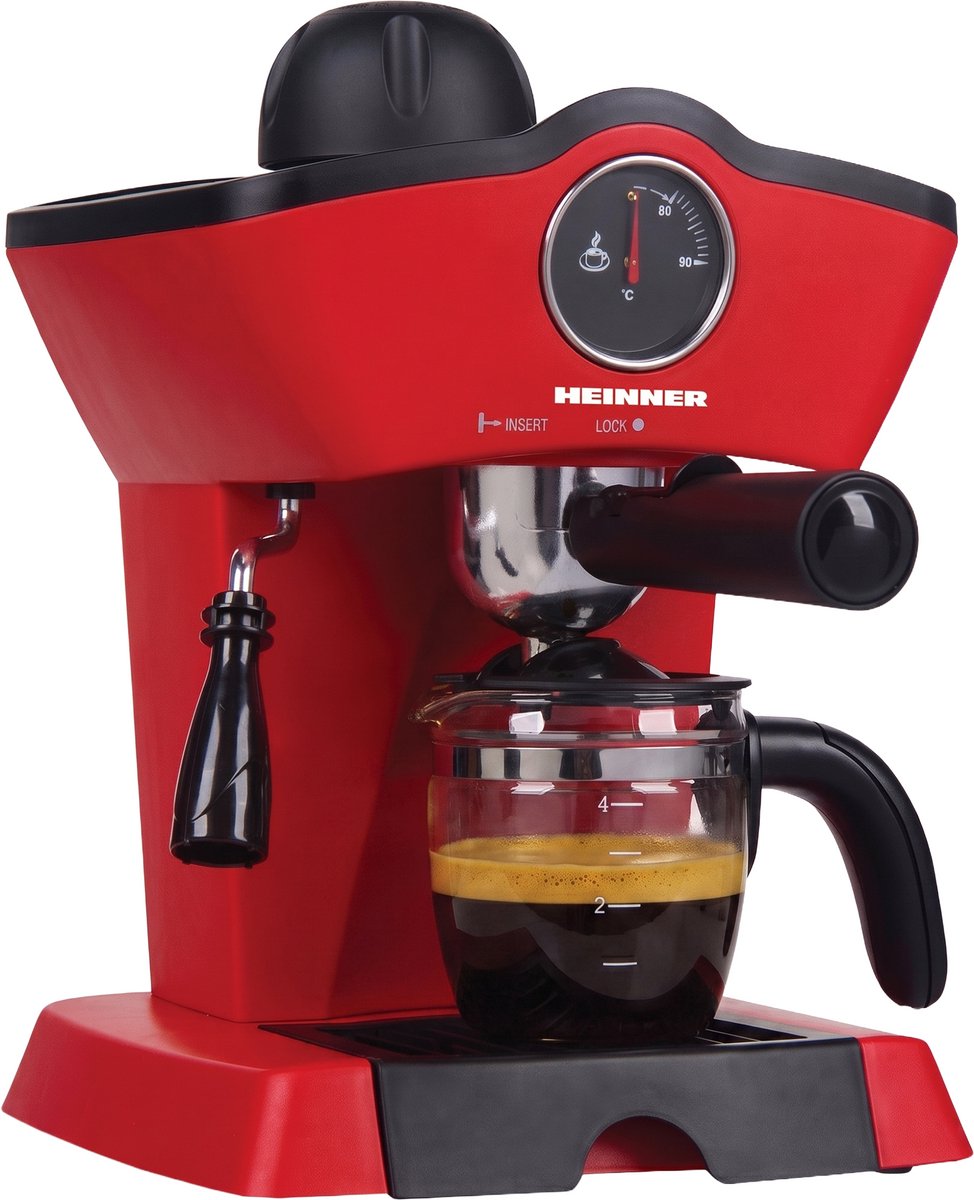 Heinner Retro Effect Espressomachine – 800W – 250 ml Capaciteit – 3,5 bar – Espresso & Cappuccino – Melkopschuimer – Frontale Thermometer – Filter voor 4 Kopjes – Rood