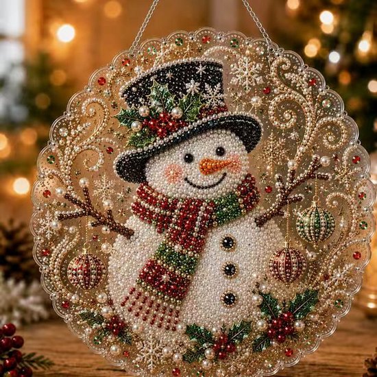 Gros plan d'une peinture diamant ronde de Noël : un bonhomme de neige souriant avec un chapeau haut de forme noir, une écharpe et des ornements de Noël scintillants.