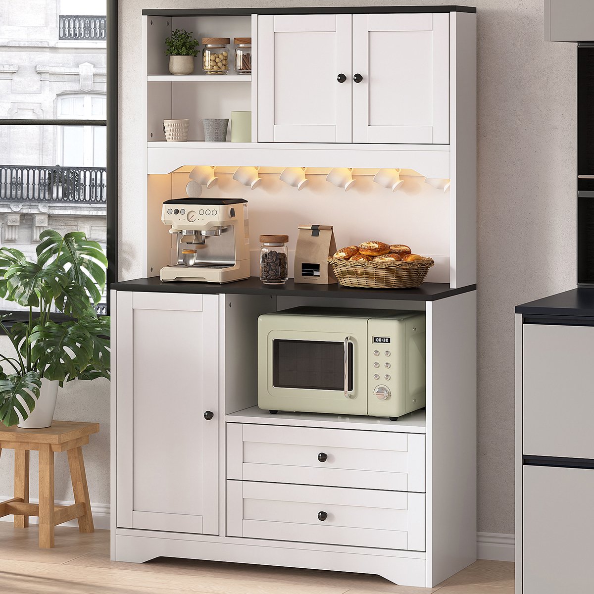 COVREO Keukenkast 100x40x163 cm wit MDF, met LED en microgolfruimte
