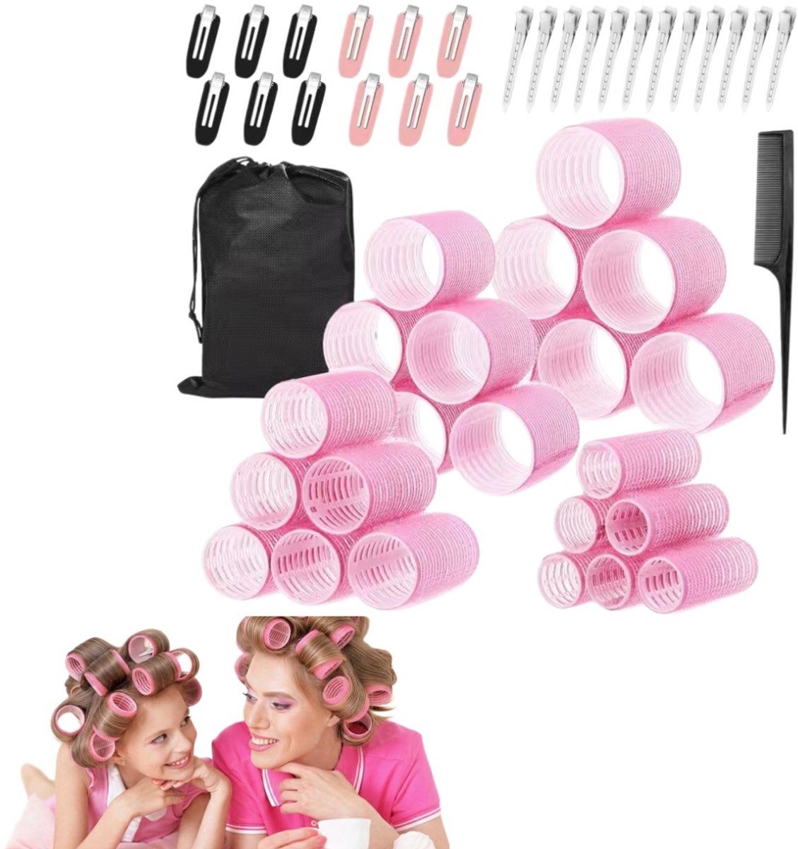 50 delige set – Krultangset – Krultang zonder verwarming – Magische krultang – Haarstylingtools voor thuisgebruik – Alternatief voor een krultang – Krult het haar zonder verwarming – Roze – Geschikt voor lang en middellang haar