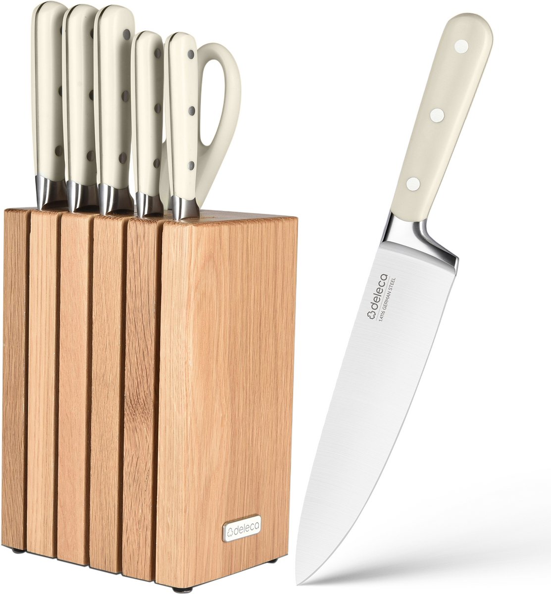Deleca 7-Delige Messenset Verona met Magnetisch Messenblok - Premium 1.4116 RVS Keukenmessen, Koksmes, Santokumes & Keukenschaar - Japandi Stijl - Houten Messenblok - Beige / Eikenhout Blok