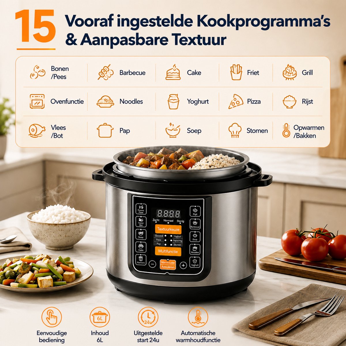 Rijstkoker -15-in-1 Elektrische Rijstkoker en Multicooker van RVS – Snelkookpan, Slowcooker, Stoomkoker, Yoghurtmaker en Sauteerfunctie – foto 8