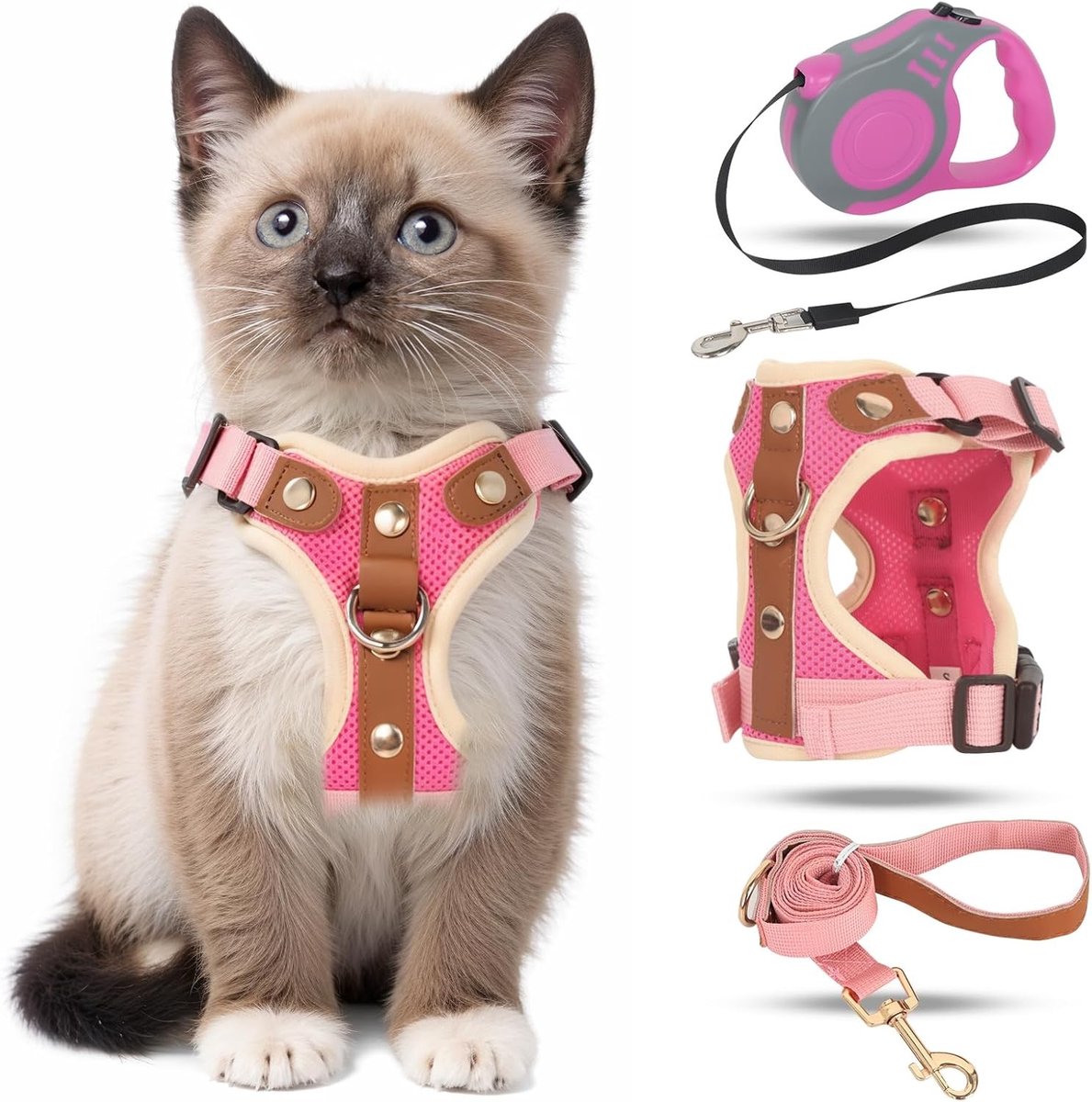 Kattenharnas en Riemset - Roze - M - Ontsnappingsbestendig met Intrekbare Riem - Voor Kleine Huisdieren en Puppy’s