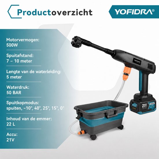 YOFIDRA Accu Hogedrukreiniger 50 Bar - 6-in-1 Spuitkop met 22L Opvouwbare Emmer voor Auto, Fiets en Terras van Yofidra — afbeelding 5