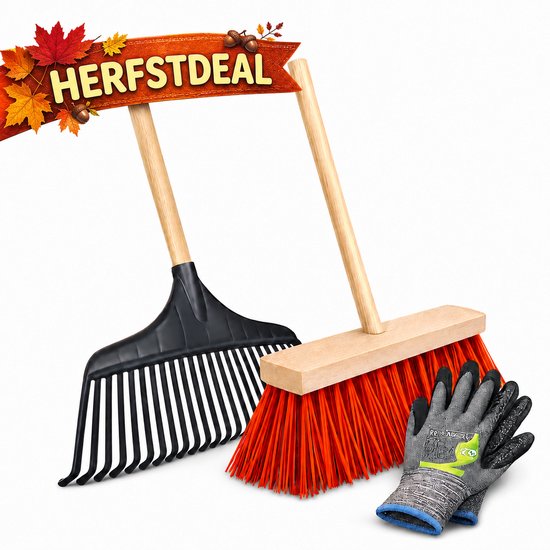 Herfstdeal: Bezem met rode borstelharen, bladhark met zwarte kop, beiden met houten steel, en grijze tuinhandschoenen.