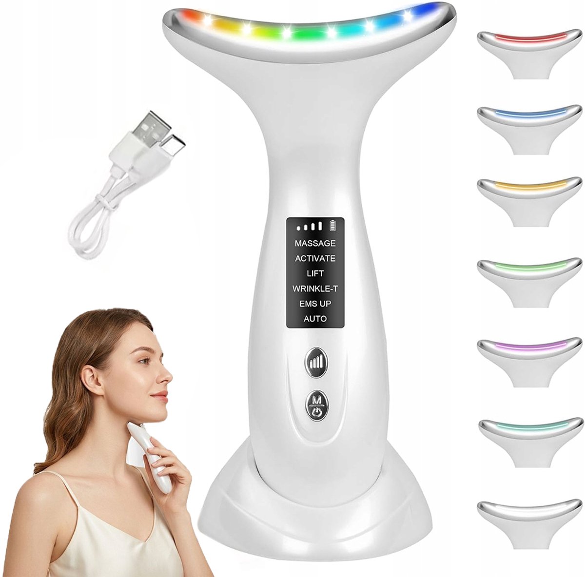 Elektrische 3-in-1 Sonic EMS Massage- en Liftingset - Apparaat met warmte-infusie - Schoonheidsapparaat - Nekmassager - EMS-microstroom - Vermindert nekrimpels - Lift en verstevigt - Geschikt voor gezicht en hals - Met UV-lichttherapie - Ivoorwit